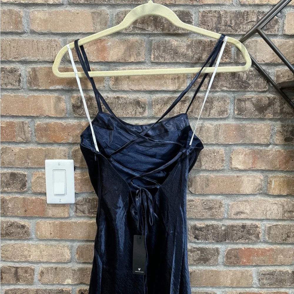 Divine Celebration Navy Blue Satin Lace-Up Maxi Dress - Picture 2 of 6